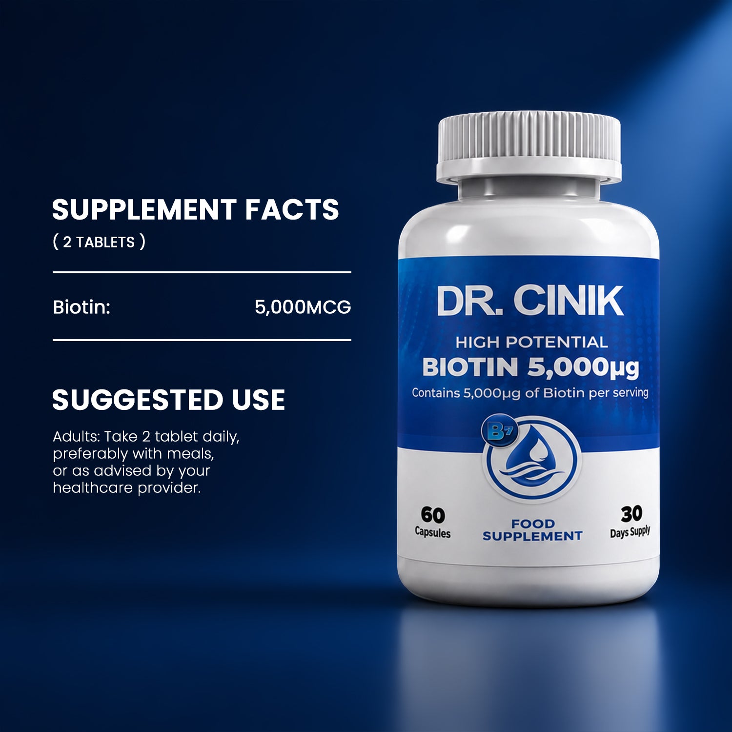 Biotin 5000 mcg Hair Growth Supplement for Hair, Skin & Nails – 60 Tablets