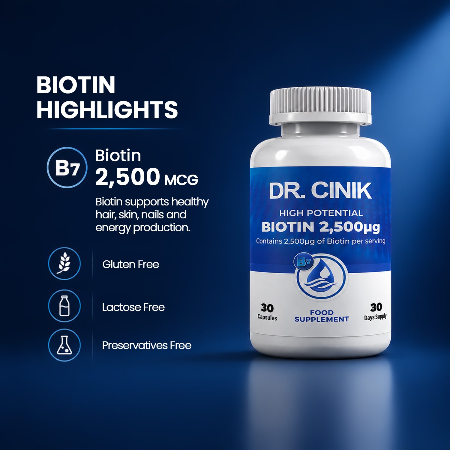 Biotin 2500 mcg Hair Growth Supplement for Hair, Skin & Nails – 30 Tablets