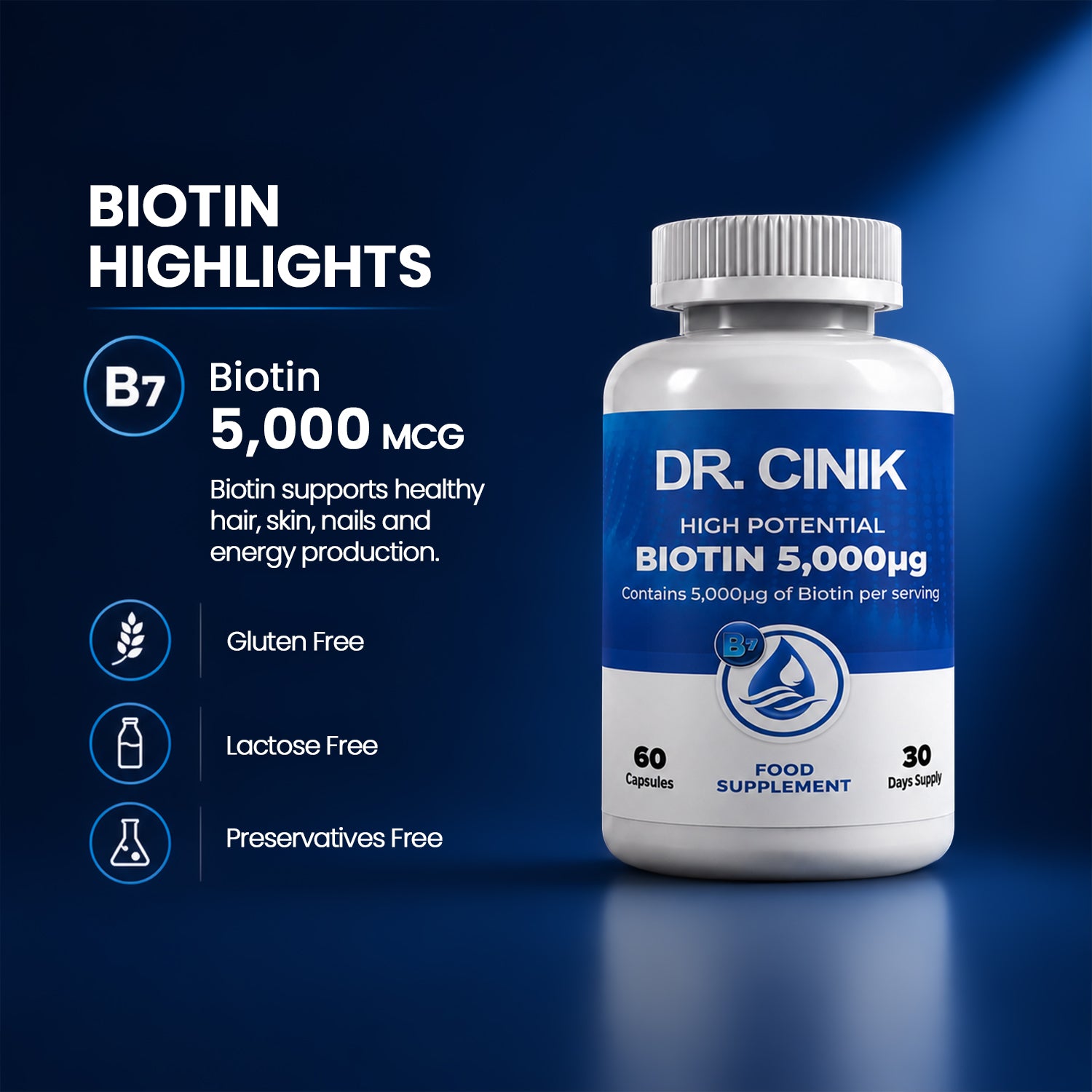 Biotin 5000 mcg Hair Growth Supplement for Hair, Skin & Nails – 60 Tablets